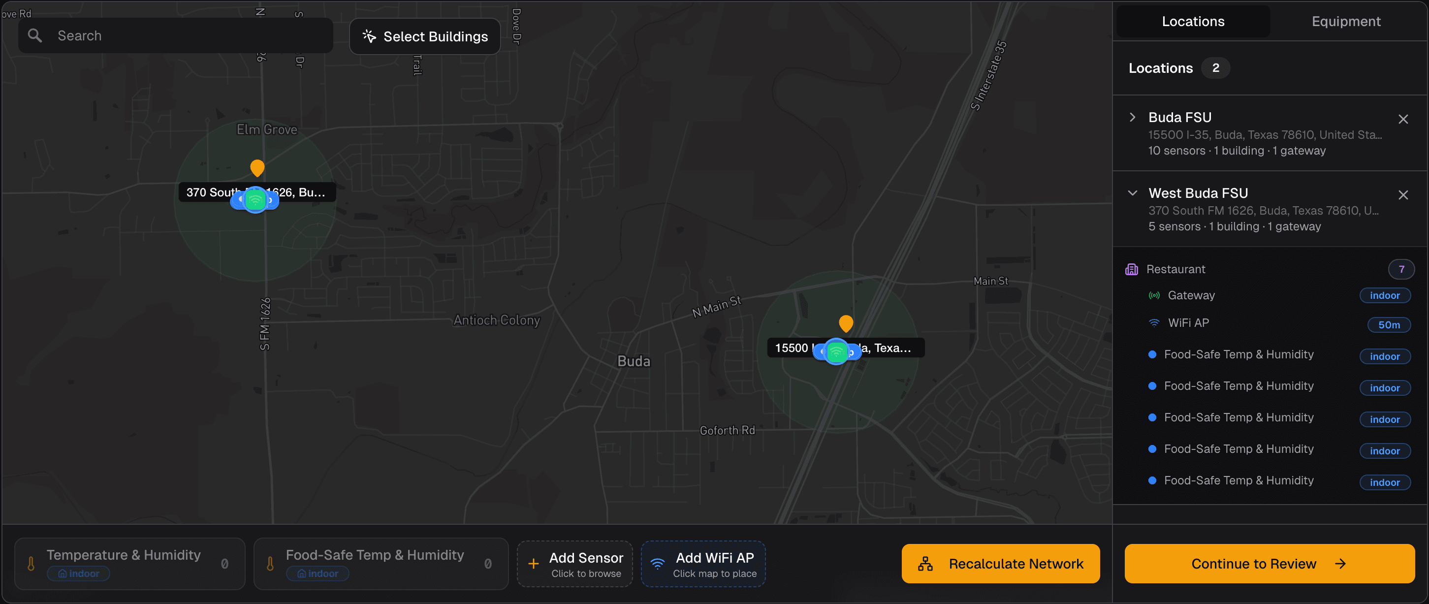 Network designer showing multiple locations with sensors and buildings